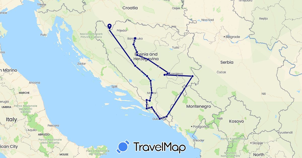 TravelMap itinerary: driving in Bosnia and Herzegovina, Croatia (Europe)